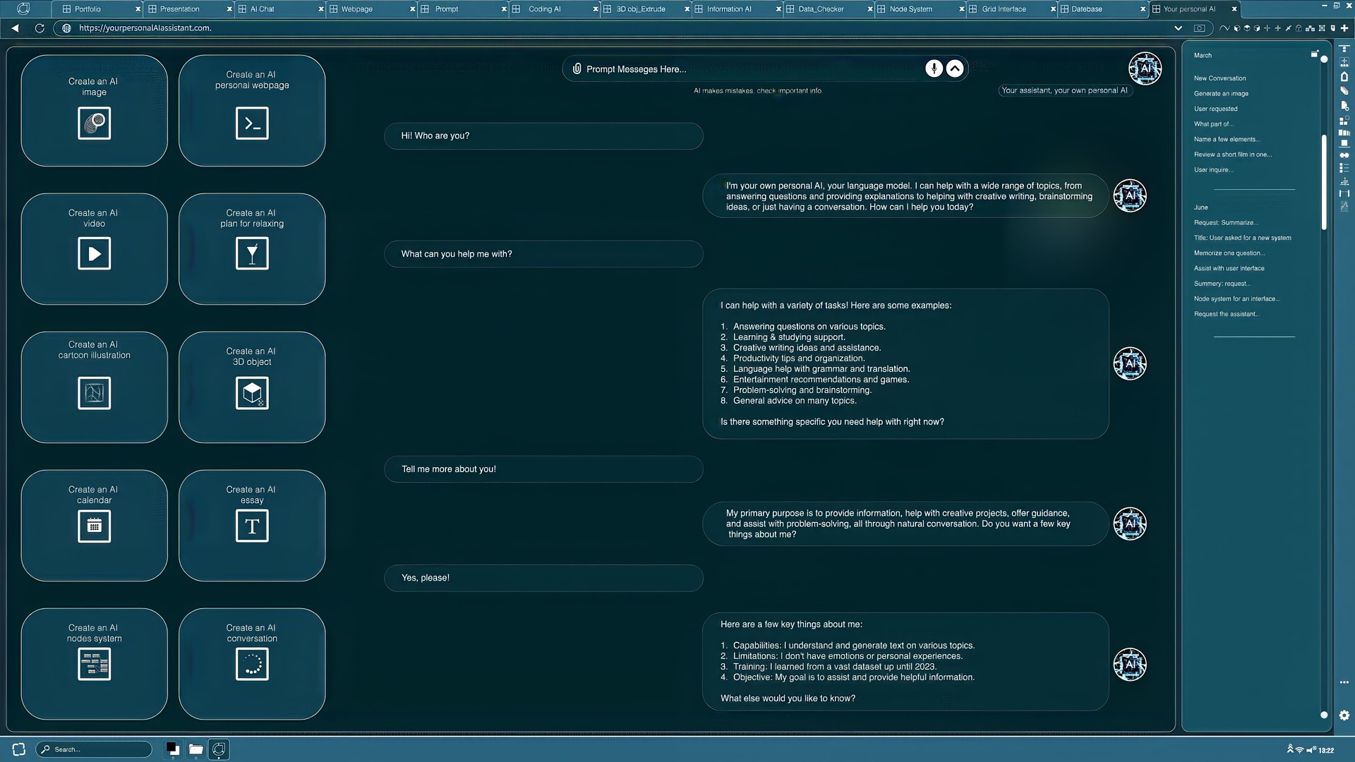AI LLM chatbot software UI showing virtual assistant answering user prompts